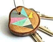 SUMMER SALE 20% OFF - wood keychain with stainless steel cable wire, tones of baby pink, blue, grey, yellow, mint geometric triangle shapes