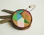SUMMER SALE 20% OFF - wood keychain with stainless steel  wire, tones of pink, blue,green geometric triangle shapes