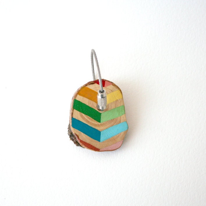 SUMMER SALE 20% OFF - Chevron rainbow colour keychain with warm brown pine wood and stainless steel cord