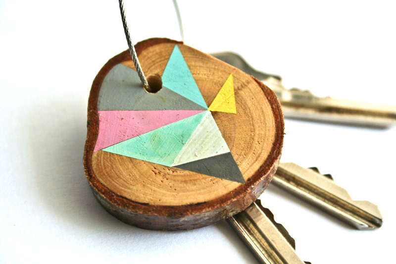 Wood keychain with stainless steel cable wire, tones of baby pink, blue, grey, yellow, mint geometric triangle shapes