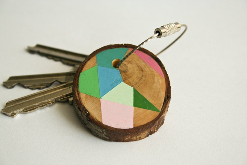 SUMMER SALE 20% OFF - wood keychain with stainless steel  wire, tones of pink, blue,green geometric triangle shapes