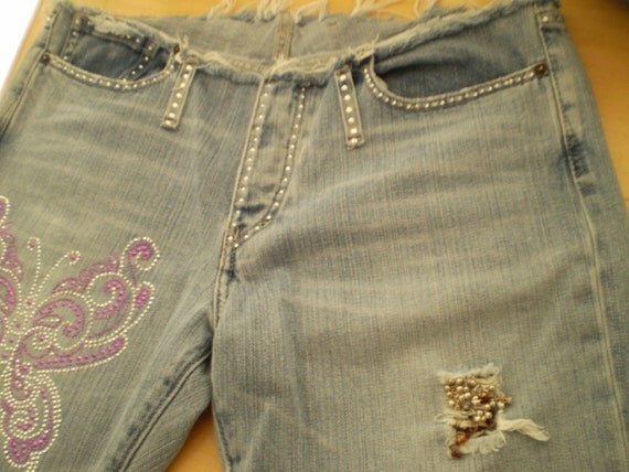 SALE upcycled referbished jeans crystal encrusted ultra low rise distressed with butterfly crystal pattern and bells