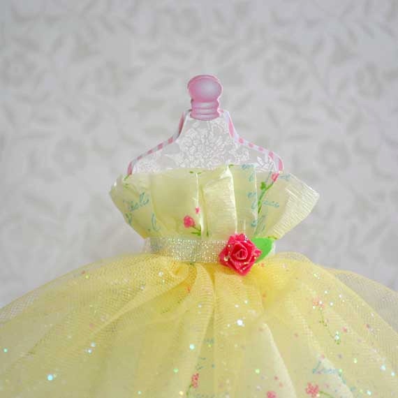 Decorative Dress Form Paper Art with Yellow Tulle and Crepe Paper Dress