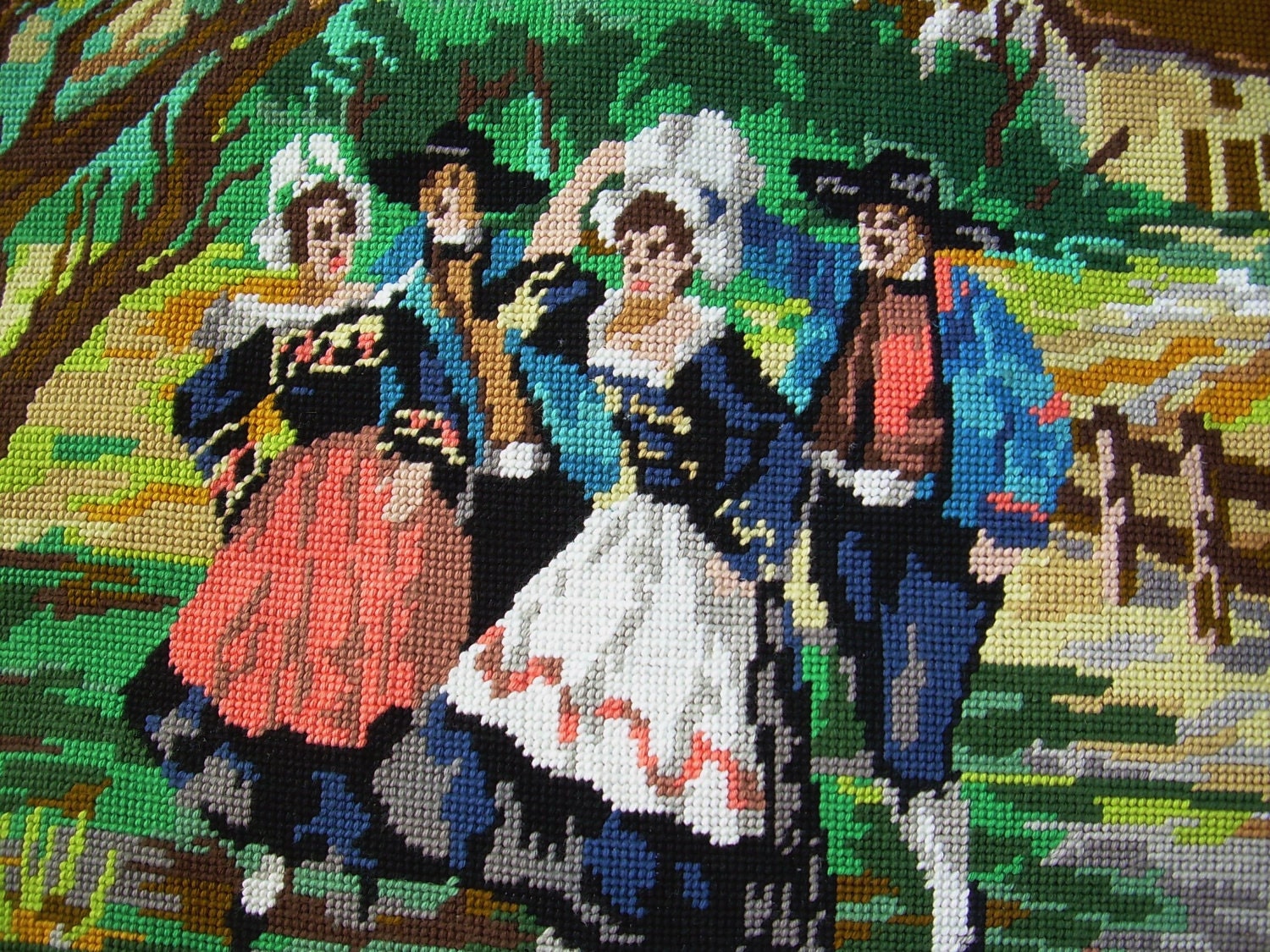 French vintage needlepoint tapestry Dance scene Gavote bagpipes music supplie or home decor