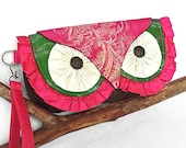 Silk Owl Clutch Bag- Vintage and New Silk with Contrast Quilting and Wrist Strap - MADE TO ORDER