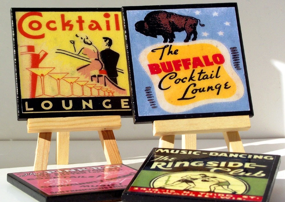 Drink Coasters Cocktail Lounge Retro Decor Coaster Set  of Four