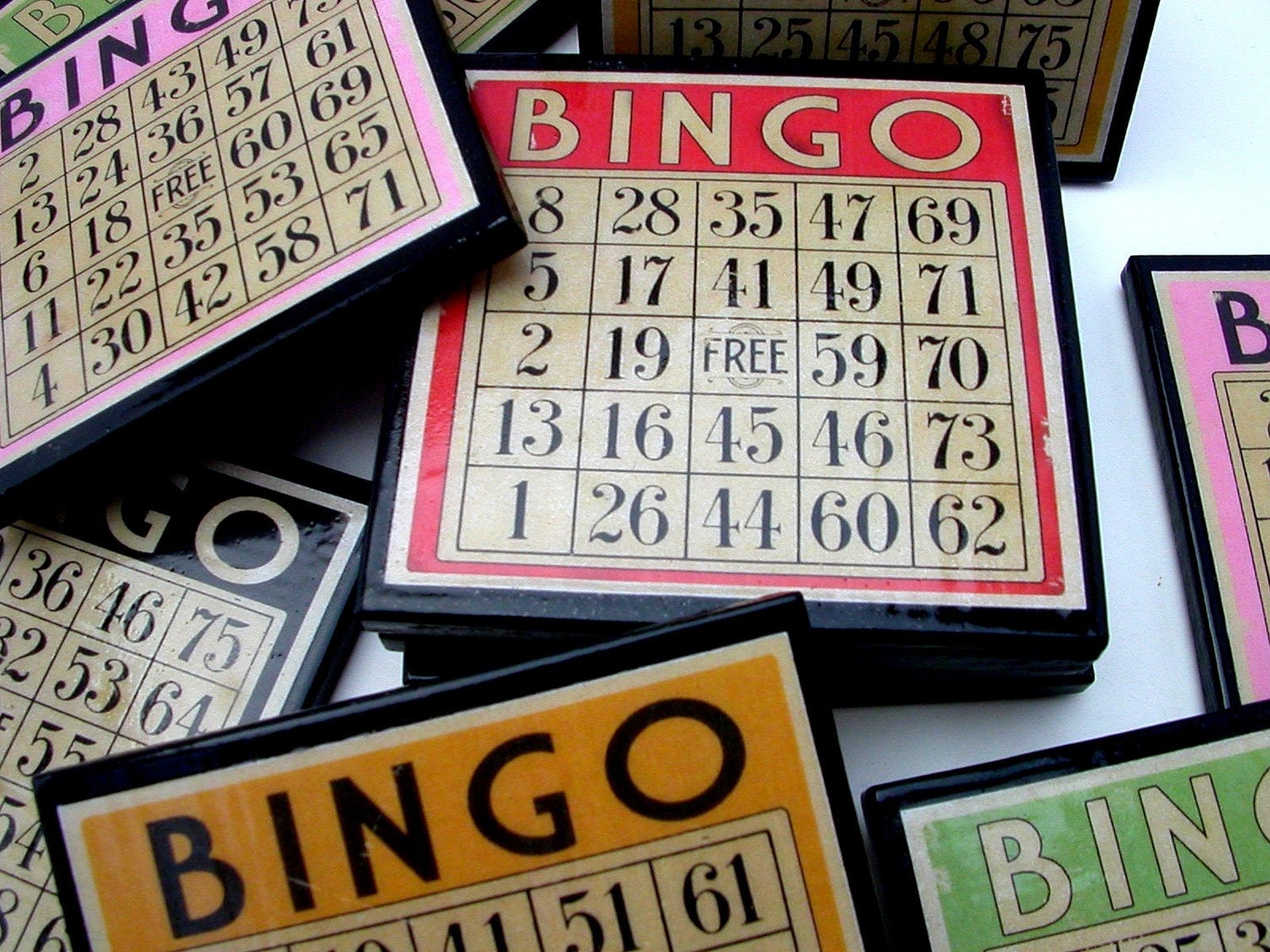 Bingo Card Drink Coaster Set of Six Colorful Retro Wood Coasters Game Night