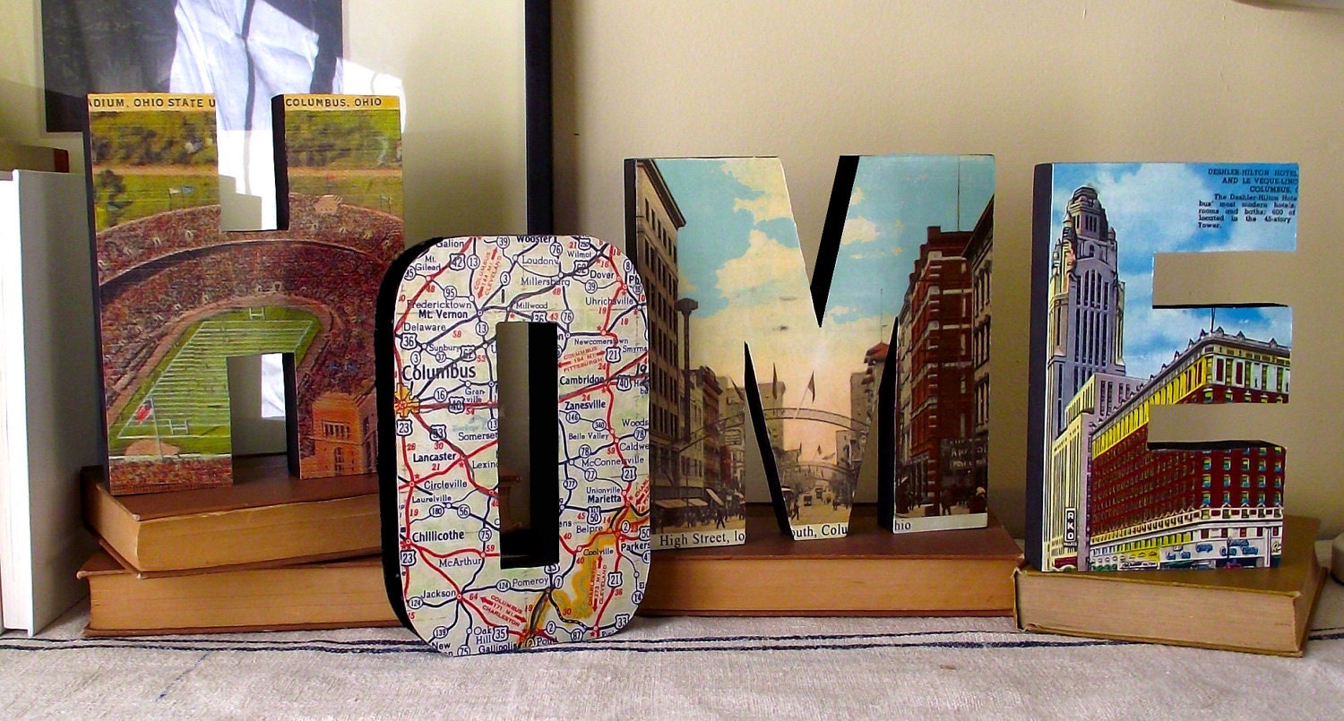 HOME sign wood letters Vintage Columbus Ohio wall hanging decor