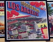 Los Angeles Vintage Postcard Coaster Set Retro Tabletop Decor Hollywood Venice Beach, Santa Monica
