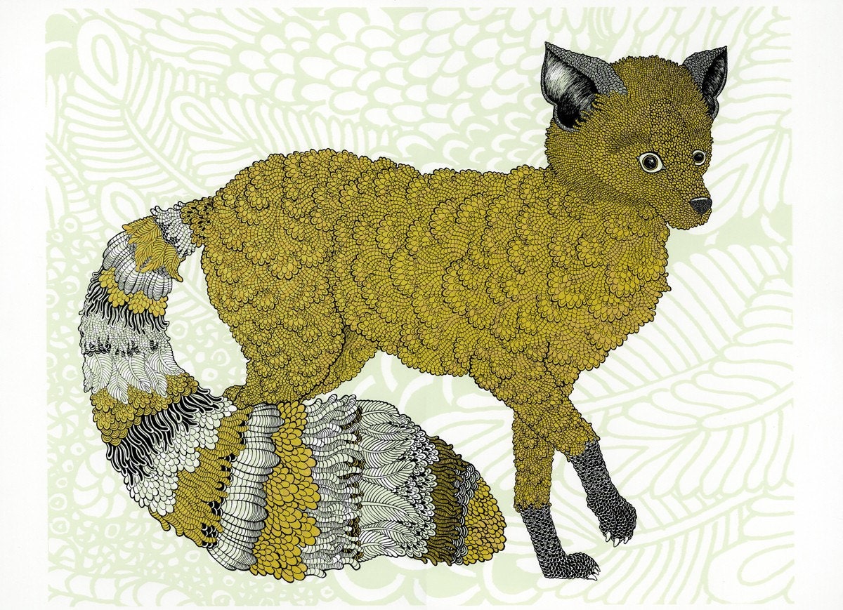 Fox Screenprint - Green and Gold 18x24