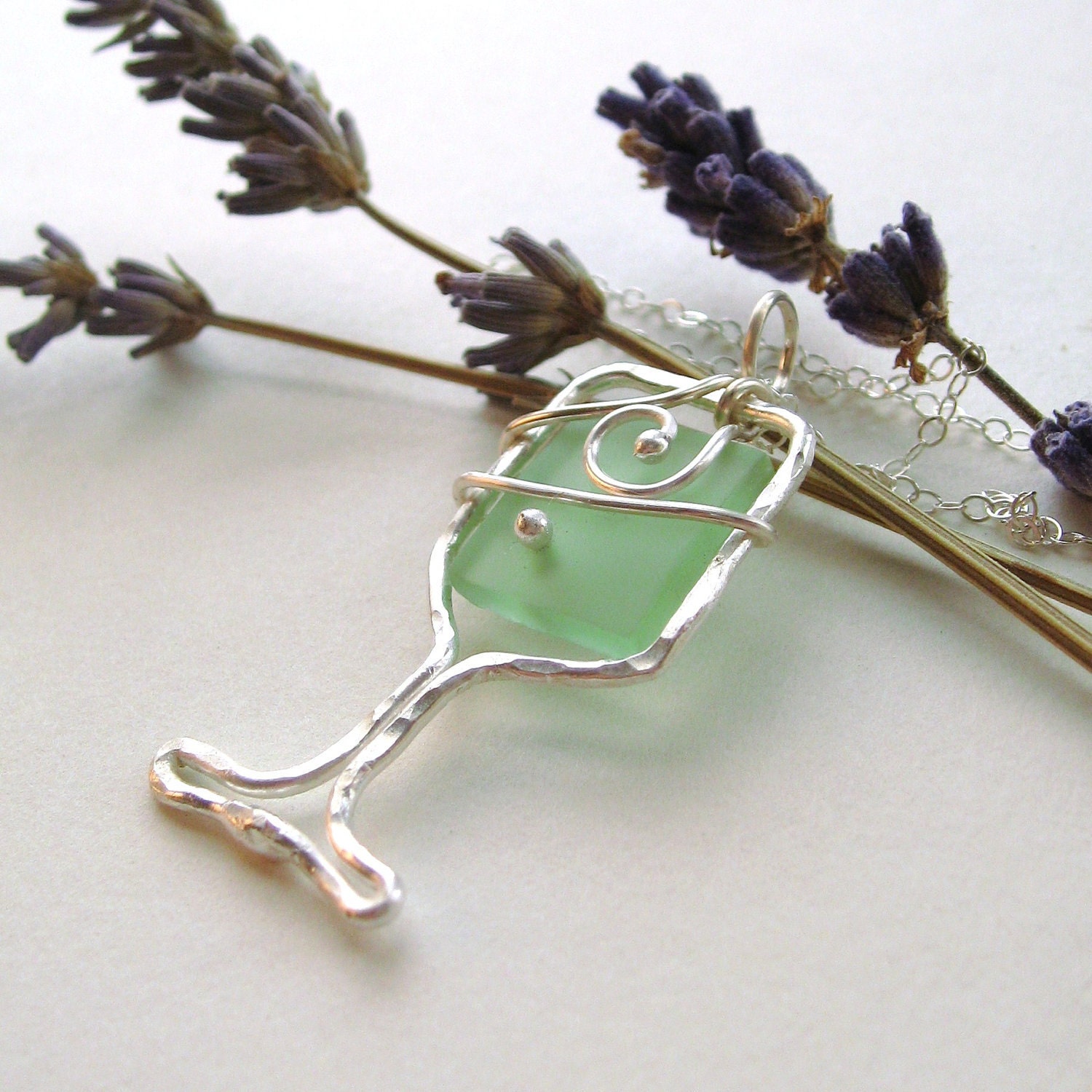 Wine glass necklace - Recycled wine bottle jewelry aqua glass - SIMPLE SIPPING in AQUA on silver chain