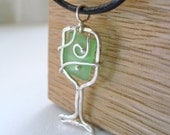 Upcycled wine bottle necklace on leather cord- SIMPLE SIPPING in SEAFOAM green