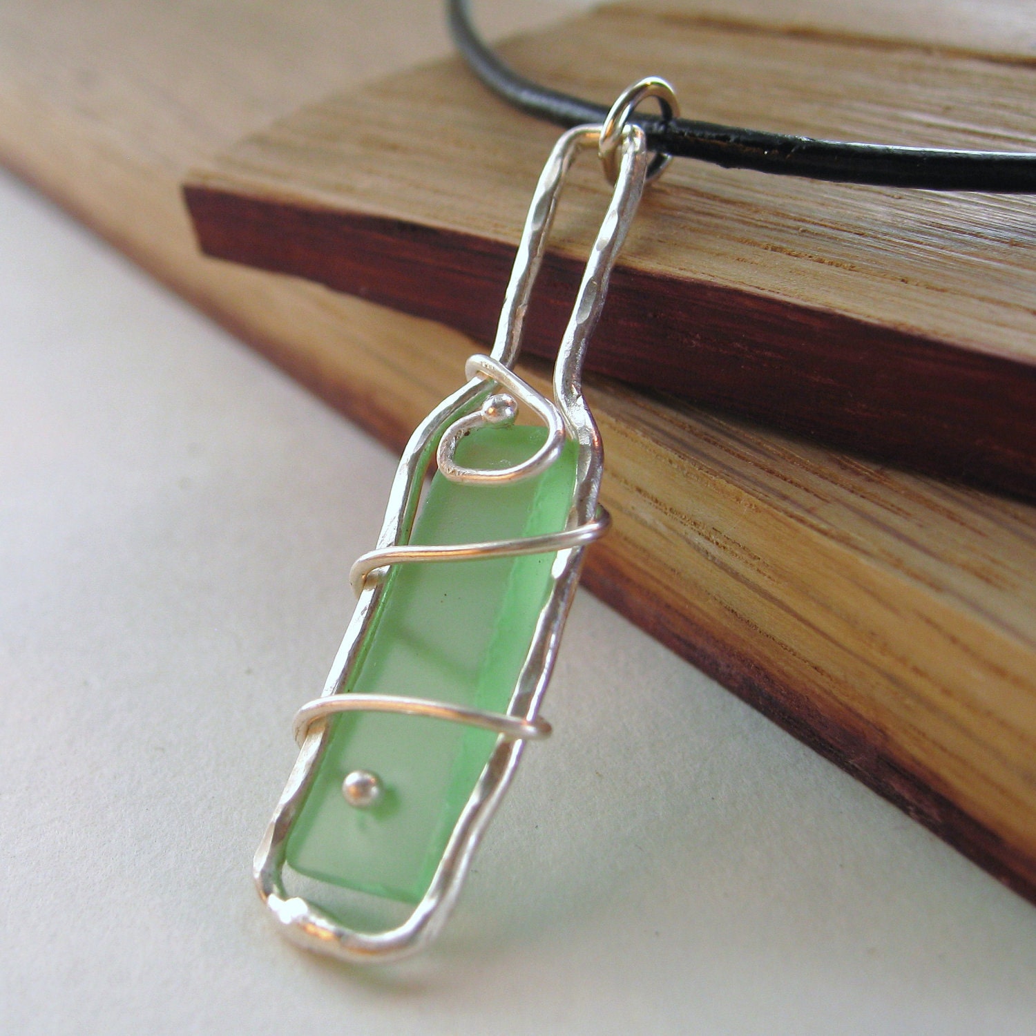 Recycled wine bottle necklace on leather cord - ICE WINE in AQUA
