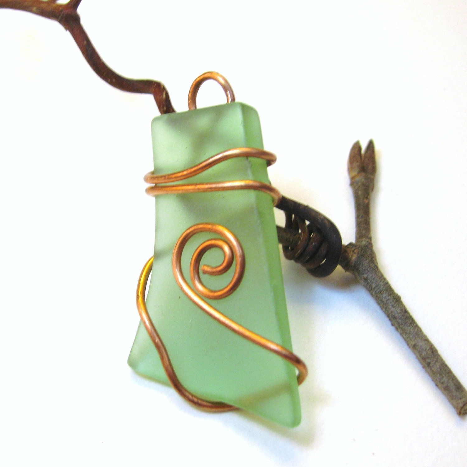 RECYCLED Wine bottle Aqua Glass Pendant wrapped in COPPER wire OOAK