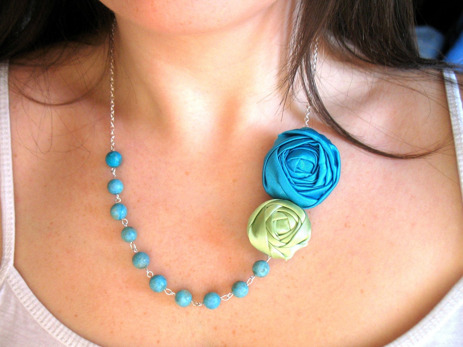 Beyond the Sea fabric flower necklace beaded rosette