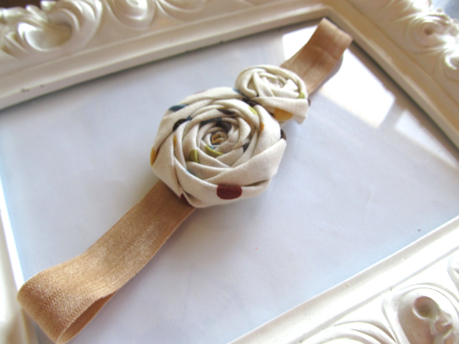 READY TO SHIP Dots fabric flower satin headband stretch elastic