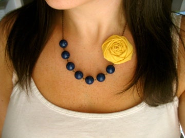 Navy and yellow fabric flower necklace