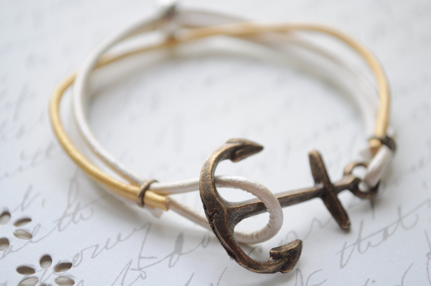 SALE-Summer Bracelet No.14- Antiqued brass Anchor clasp, suede, gold and white leather