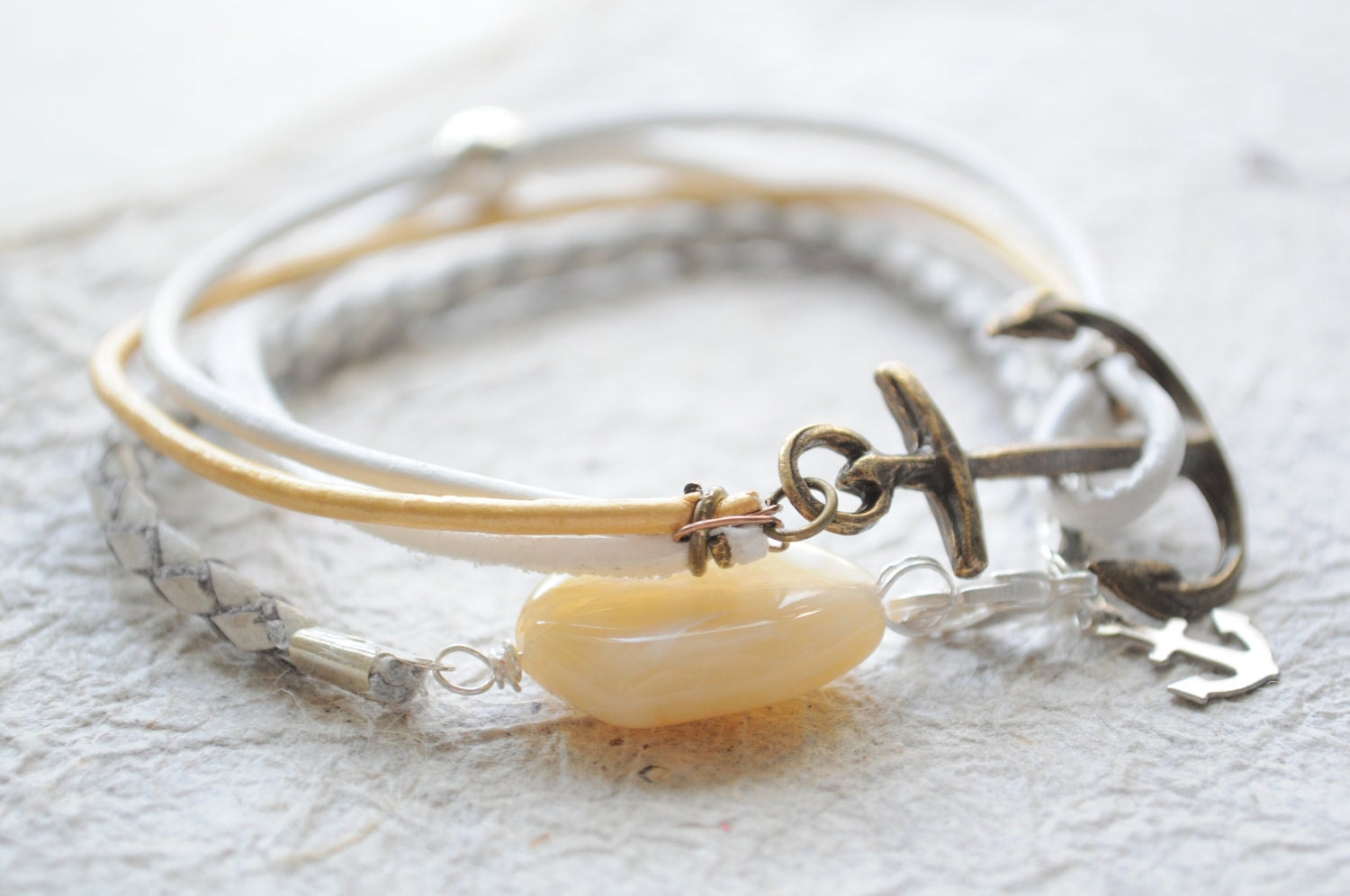 SALE-Summer Bracelet No.14- Antiqued brass Anchor clasp, suede, gold and white leather