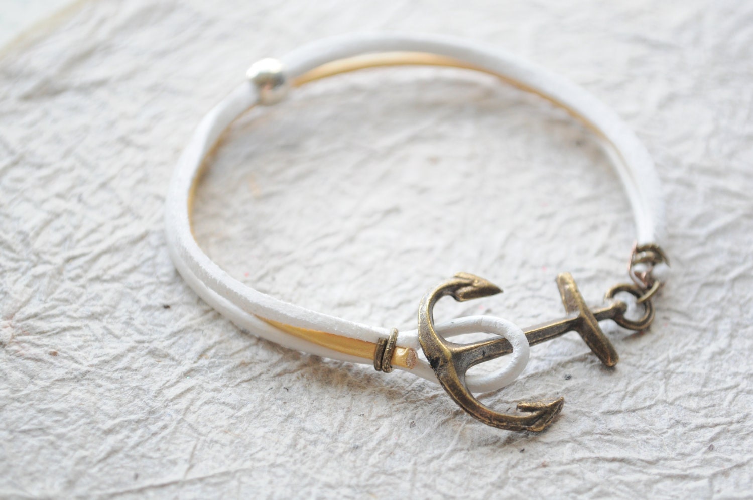 SALE-Summer Bracelet No.14- Antiqued brass Anchor clasp, suede, gold and white leather