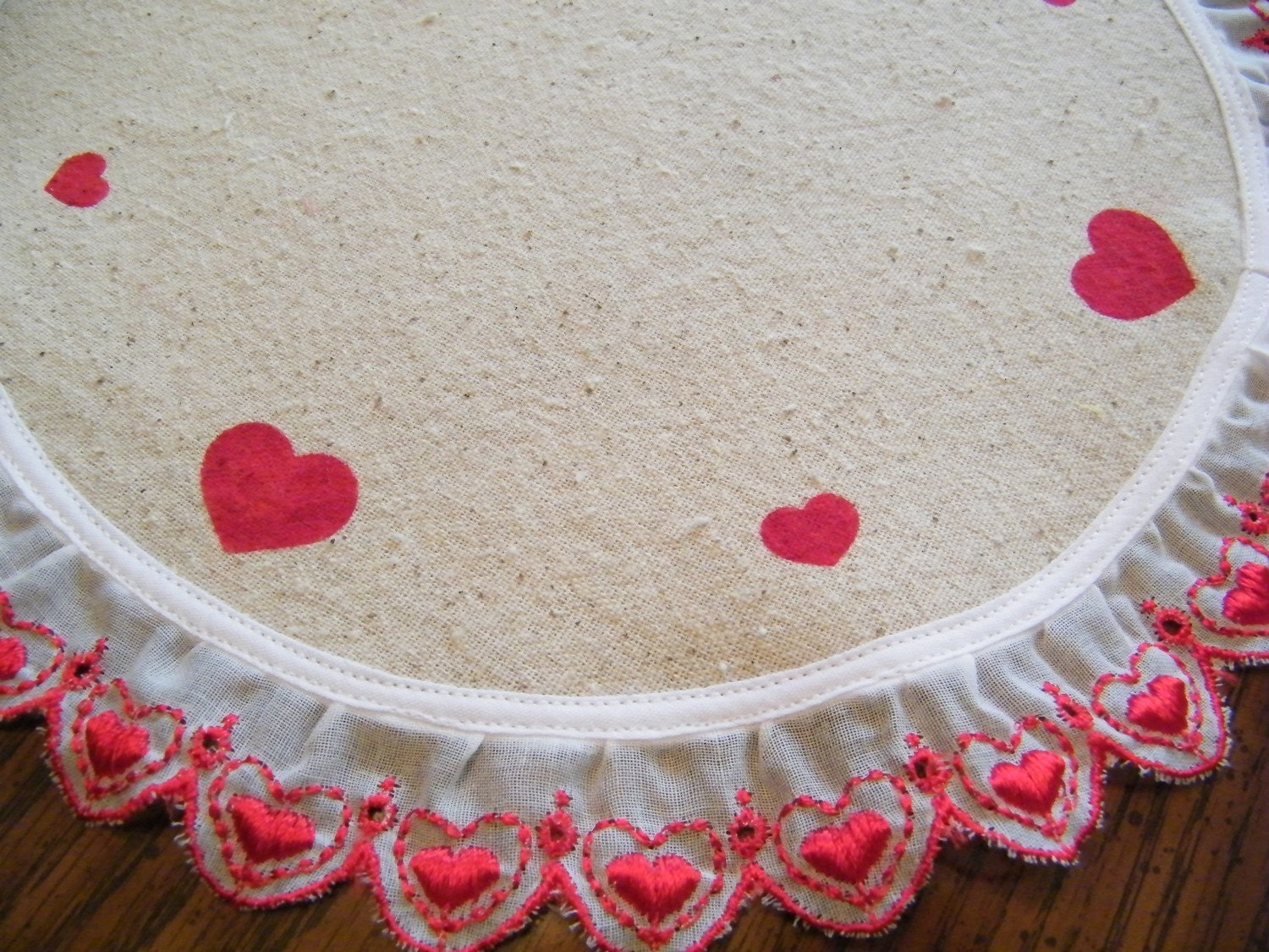 Hand Stenciled Hearts on Osnaburg Doily Lamp Candle  Mat with Red Heart Trim