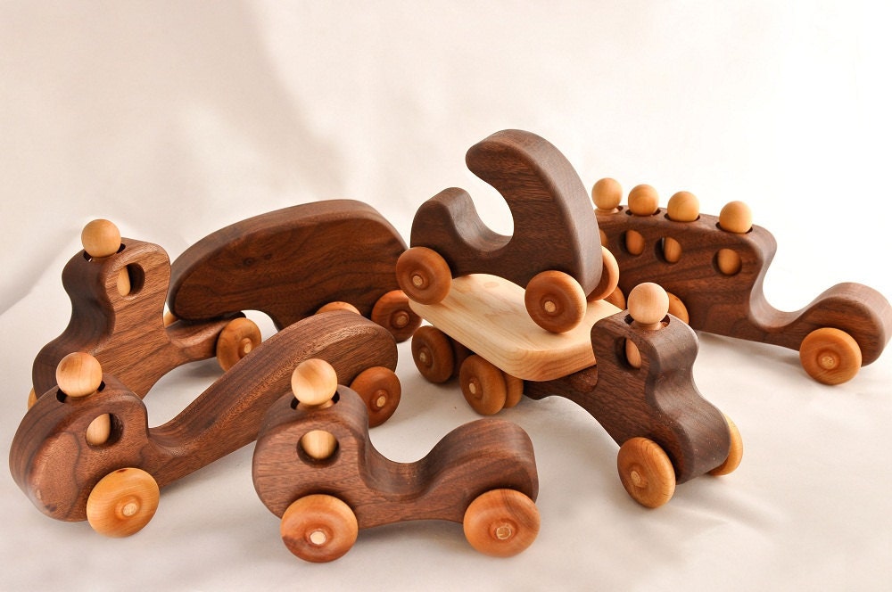 Wooden Toy Trucks and Wooden Toy Cars Wooden Toys Organic Walnut Set of 6