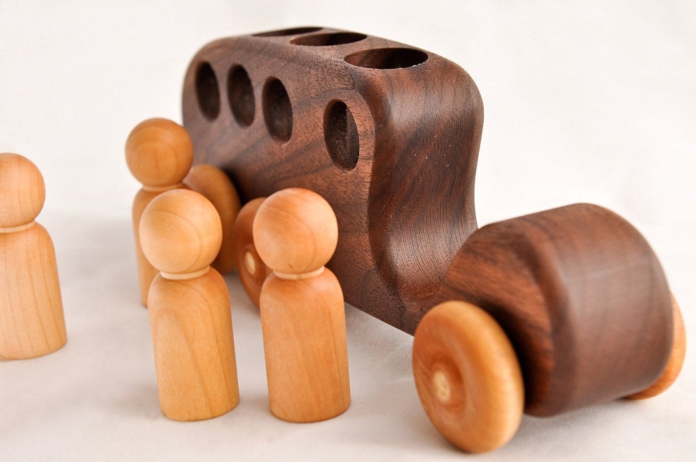 Wooden Toy Bus Organic Walnut Passenger Car Kids Gift
