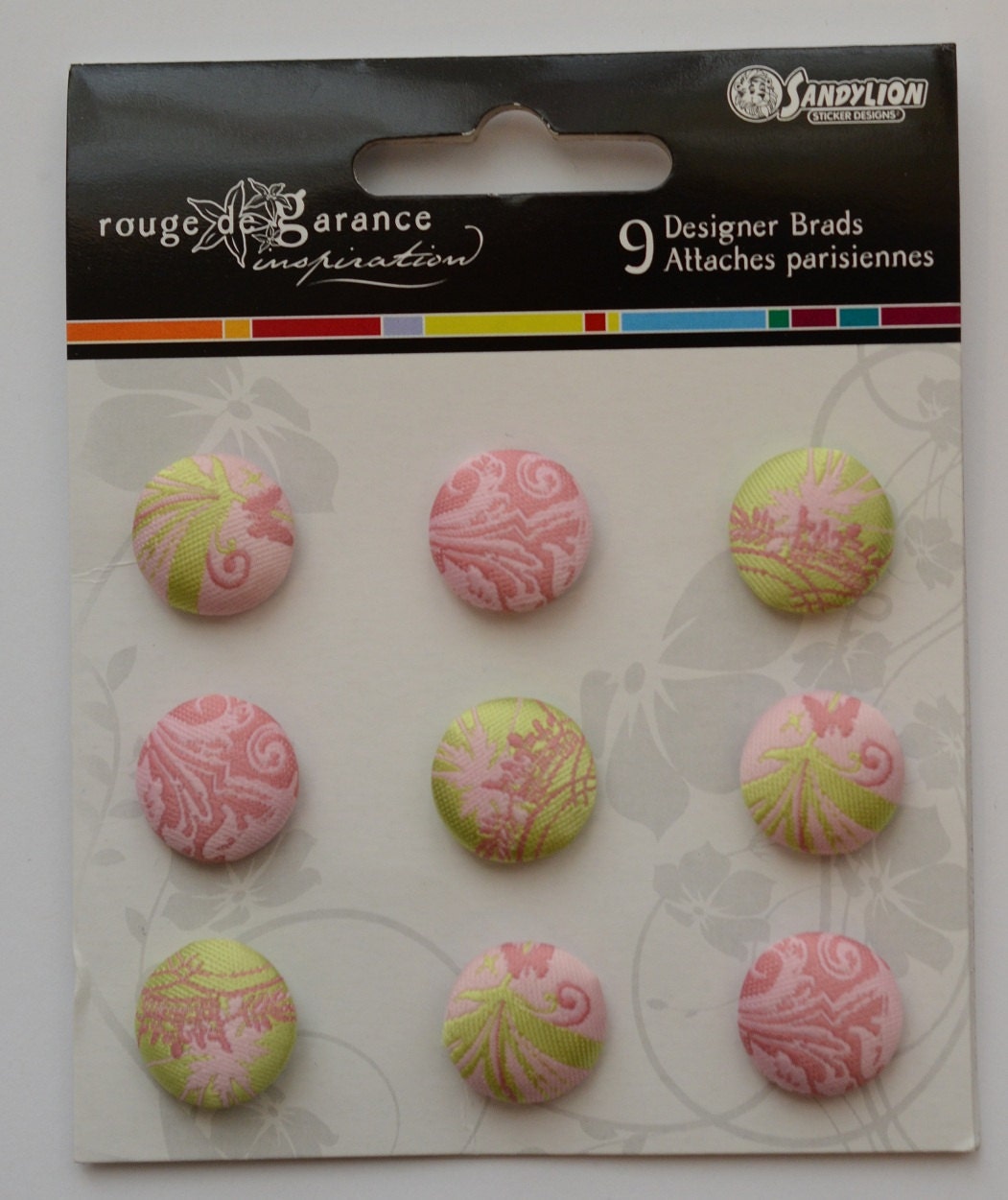 Fabric Brads Pink Brads Set of 9 Pink and Green Sandylion Brads, New in Package