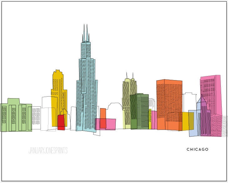 CHICAGO, IL skyline sketch with colors art print poster wall decor
