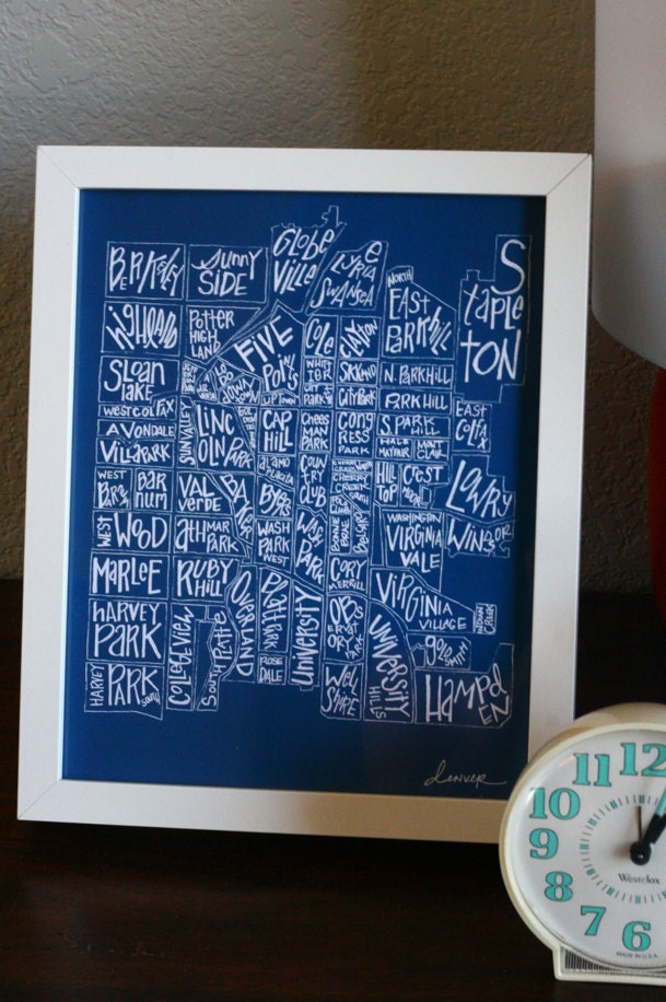 denver neighborhood map hand drawn in lake art print poster wall decor