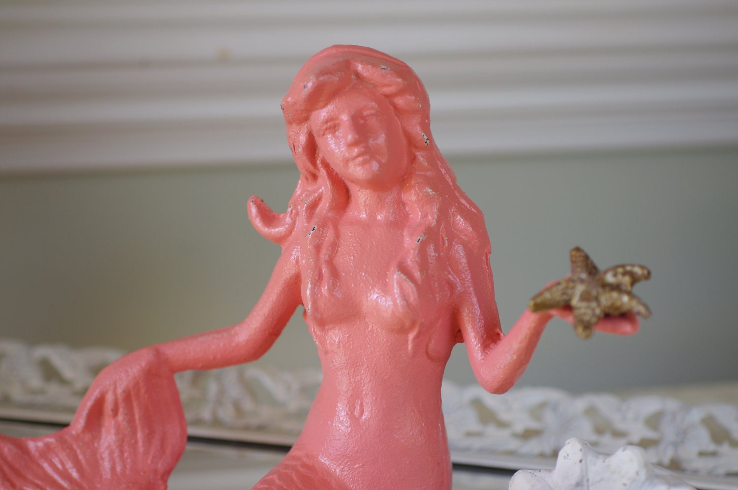 Beach Decor Cast Iron Mermaid with Starfish - PICK YOUR COLOR