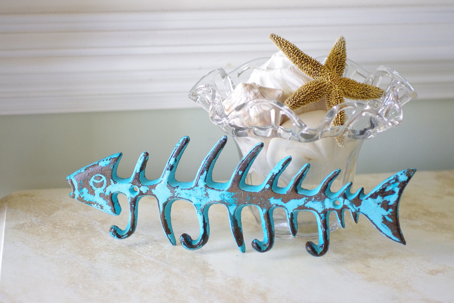 Cast Iron Bone Fish Wall Hook - Blue/Green Patina