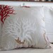 Beach Decor Coral Sea Fan and Sea Horse Linen 18x18 Throw Pillow - Red, Tan and White