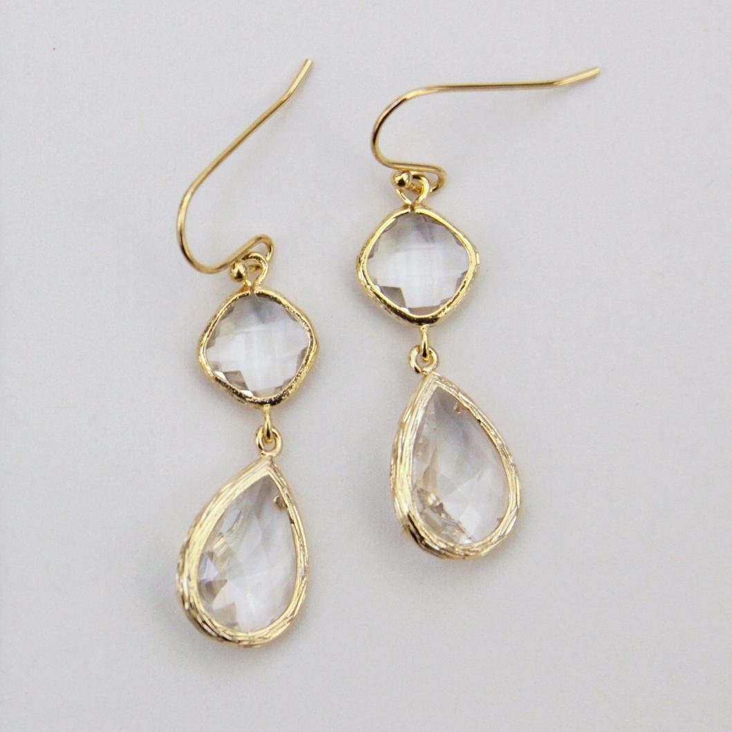 Deva. Faceted Crystal Clear Glass Stone Earrings in Gold