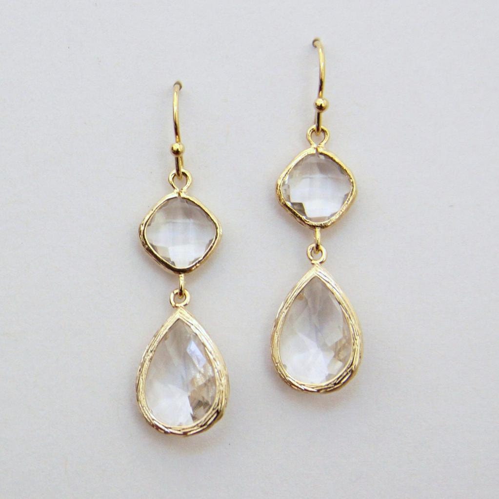 Deva. Faceted Crystal Clear Glass Stone Earrings in Gold