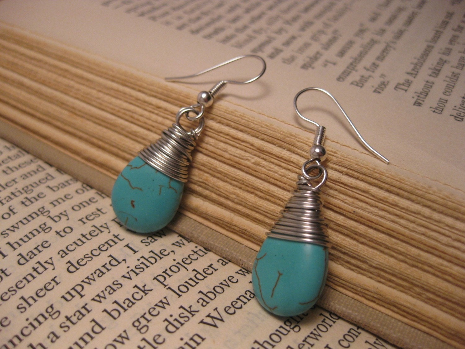 Turquoise Earrings Silver Wrapped Teardrops