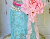 Vintage Shabby Chic Ball Quart Mason Jar with Aqua Lace Pearls Pink Rose Ribbon Candle Holder Vase