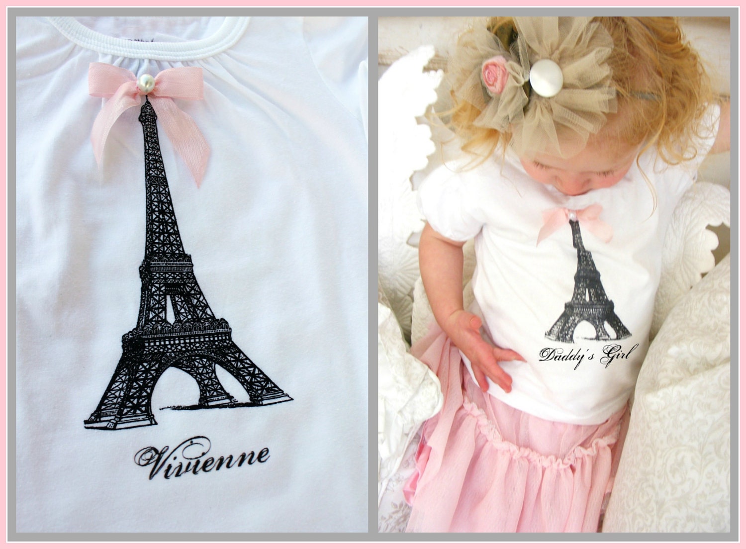 Personalized & Screen Printed Eiffel Tower Baby Girl  Tee / T-Shirt.  Big Sister, Little Sister, Birthday. Summer Wedding Flower Girl