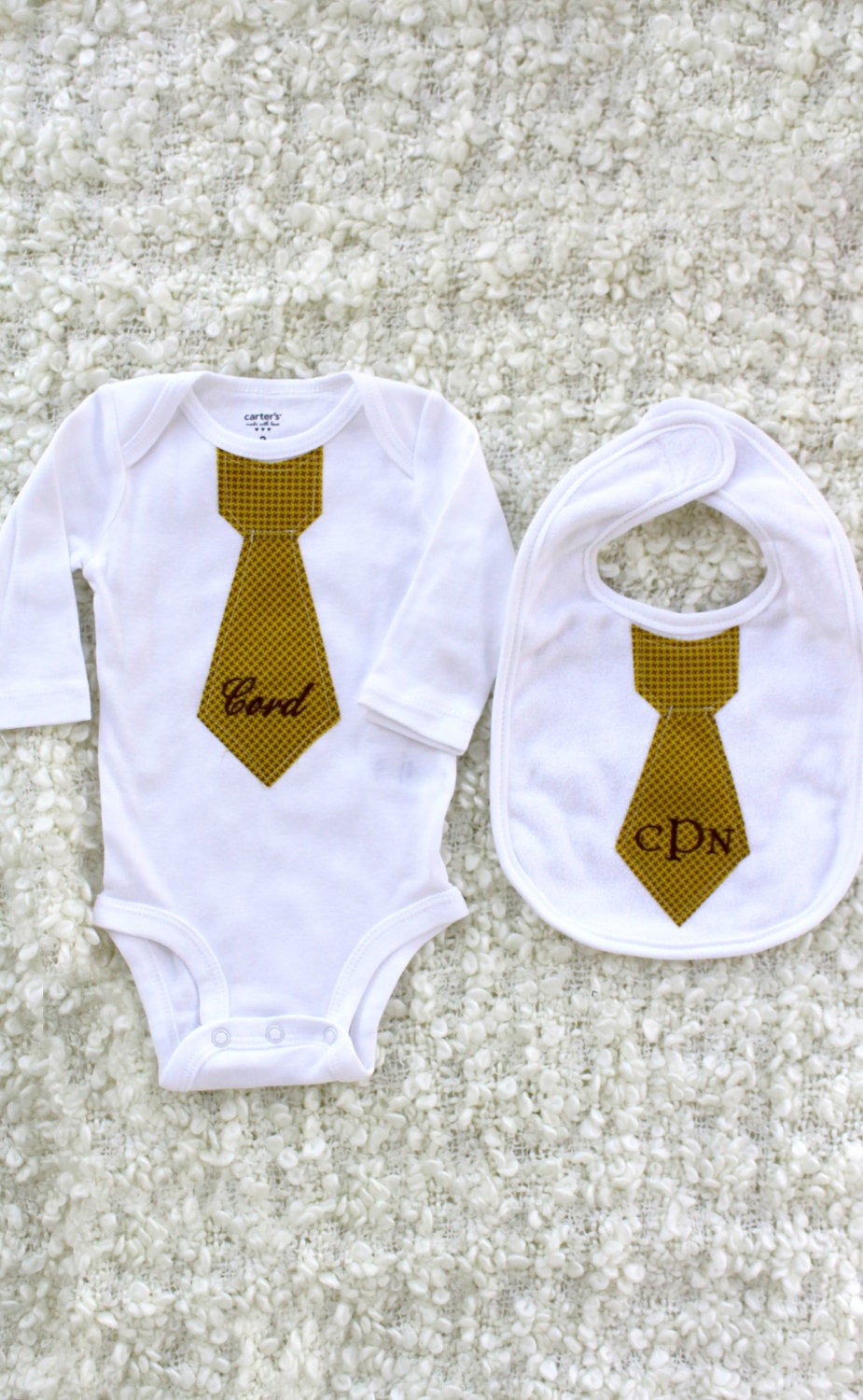 Mustard Yellow and Brown Hounds Tooth Personalized SET of Tie Onesie and Tie Bib.  Any Name or Monogram Embroidered on Any Tie Onesie & Bib. - ChicCoutureBoutique