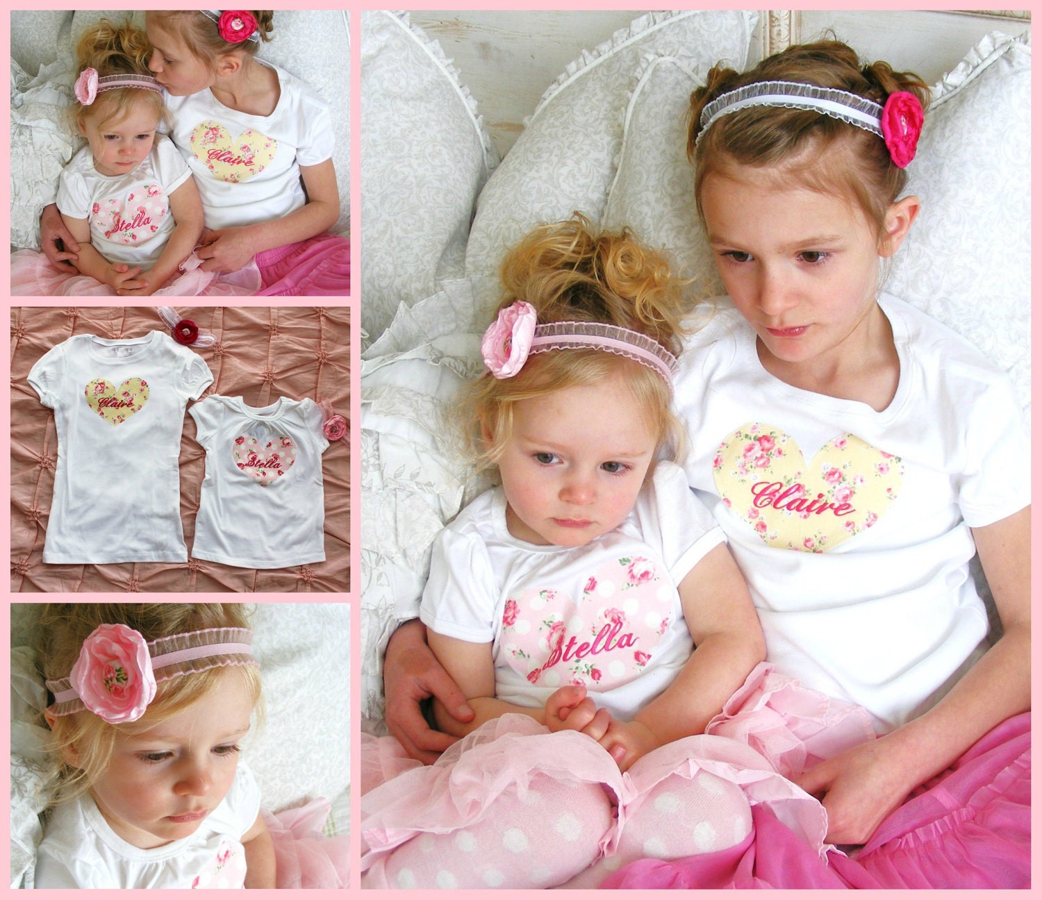 Set of 2 Flower Girl Fashion Baby Girl or Big Sister Personalized Embroidered Heart Onesies OR T-Shirts. Any Name and Size Dress Up