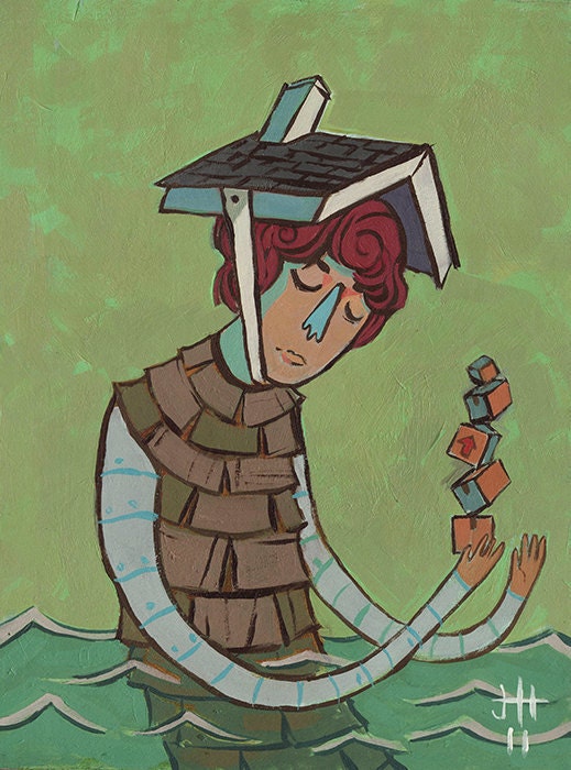 Tides - original acrylic painting - house cardboard boxes floods