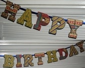 Happy Birthday Letter Banner ... Cowboy Western Theme ...  Blue Khaki Red Green ... Cactus stars Cowboy Hat ... adjustable