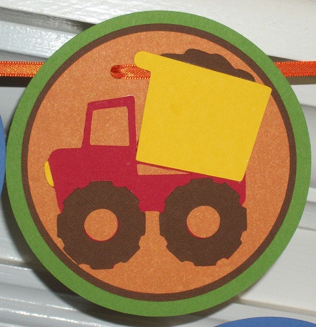 Construction Happy Birthday Banner ... Dump Trucks ... red yellow blue orange green ... MADE TO ORDER ... ... panels adjustable Il_570xn