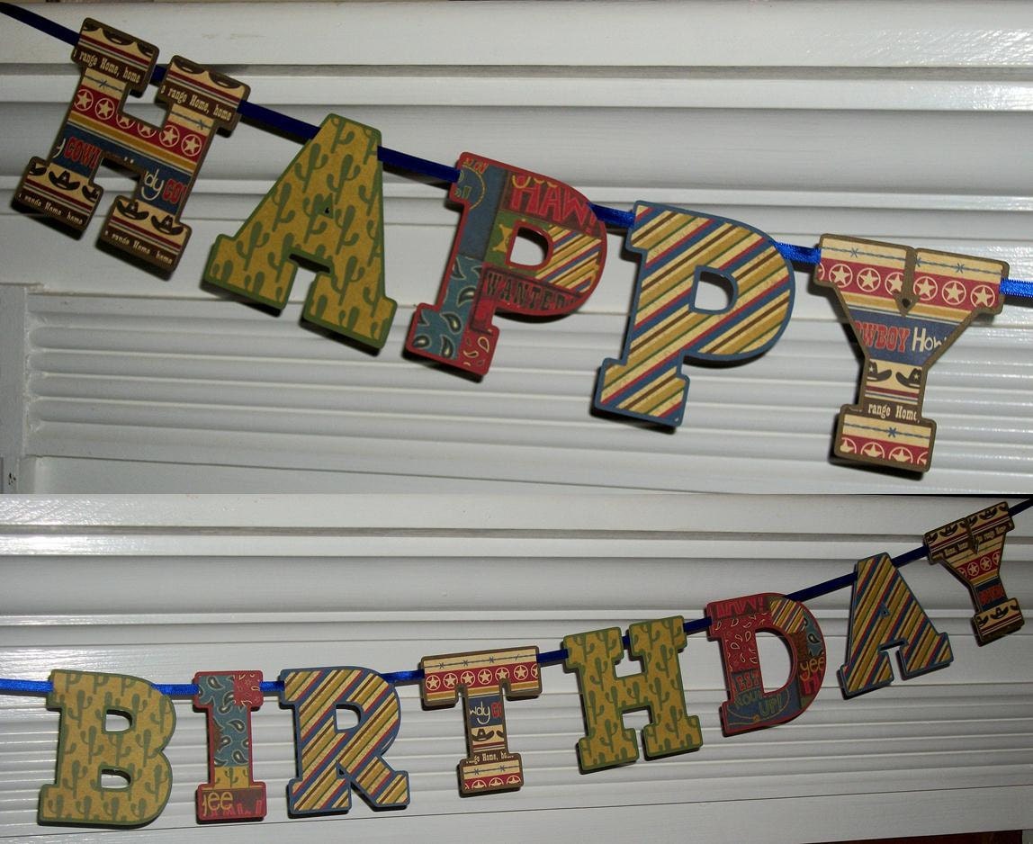 Happy Birthday Letter Banner ... Cowboy Western Theme ... Blue Khaki Red Green ... Cactus stars Cowboy Hat ... adjustable Il_570xn