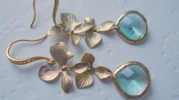 Dangle earrings, double orchid and aquamarine glass stone, Spring fashion, pastel jewelry, Wedding jewelry Blue earrings