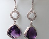 Purple dangle earrings  Wedding jewelry Amethyst  glass and Swarovski cubic zirconia dangle from Sterling silver earrings