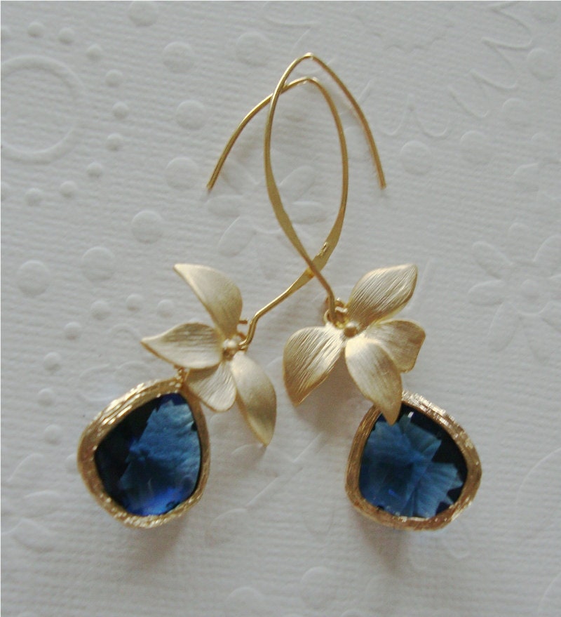 Vermeil Gold dangle earrings Graduation gift Framed sapphire glass on  earrings long Blue Bridesmaid drop earrings gifts,