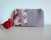Large Upcycled Wallet, Red Floral and Gray Corduroy Pouch, Eco Friendly Clutch