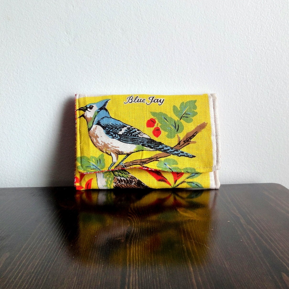 Upcycled Bird Clutch, Vintage Calendar Towel, Eco friendly Pouch