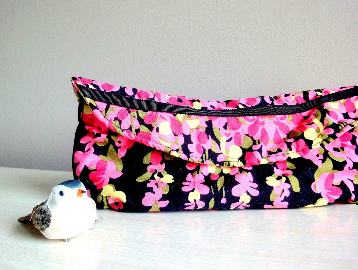 Upcycled Floral Clutch, Large, Eco-Friendly, Pink and Black